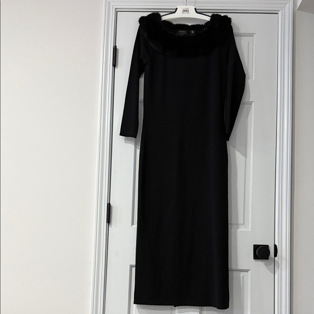 Vintage Dana Buchman Marked 100% Pure Wool Bodyicon Dress Faux Fur Collar Size S